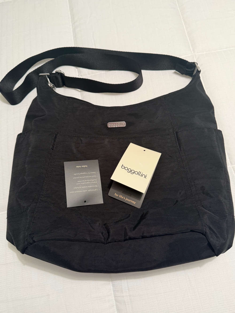 Baggallini Black/Tan Nylon Hobo Tote Bag with Adjustable Strap & Wristlet - NWT
